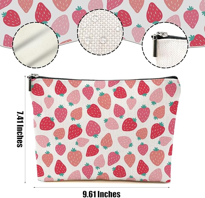 Cute Pink Strawberry Makeup Bag Retro Fruit Cosmetic Bag Friend Friendship Gifts for Women Girls Sister Bestie Coworker Travel Organizer Zipper Pouch Christmas Thanksgiving Birthday Gifts