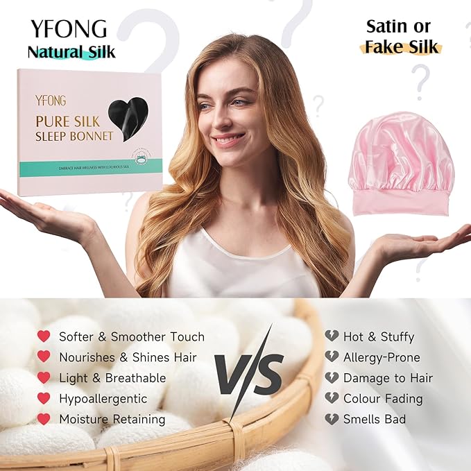 YFONG 100% 22 Momme Mulberry Silk Bonnet for Sleeping Women, Larger Double Layer Silk Hair Wrap for Curly Short Long Hair, Non-Slip Sleep Cap Turban with Elastic Tie Band (Pink & Black)