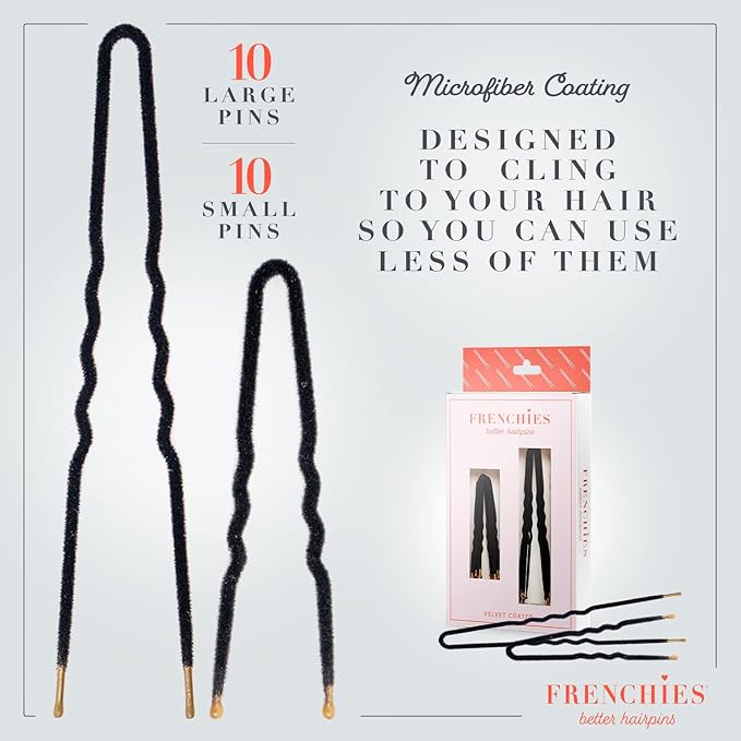 Frenchies French Twist Hair Pin, Ultra Flocked Extra Soft French Hair Pins for Women, Wedding, Updo Extensions, or Wig, 20 Count, Black
