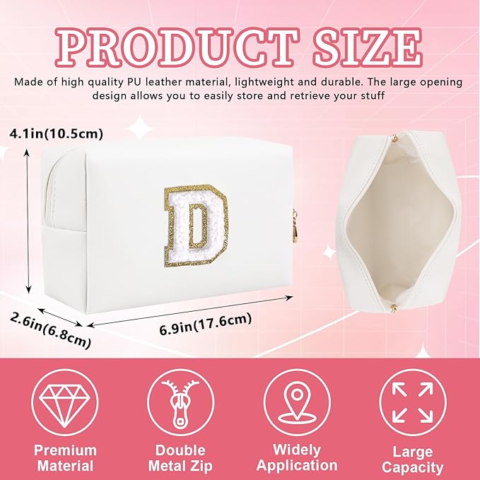 Personalized Initial Letter Patch Makeup Bag, Preppy Portable Chenille Letter Cosmetic Bag with Zipper, PU Leather Waterproof Travel Toiletry Bag Monogram Make Up Pouch for Women Girls(Letter D)