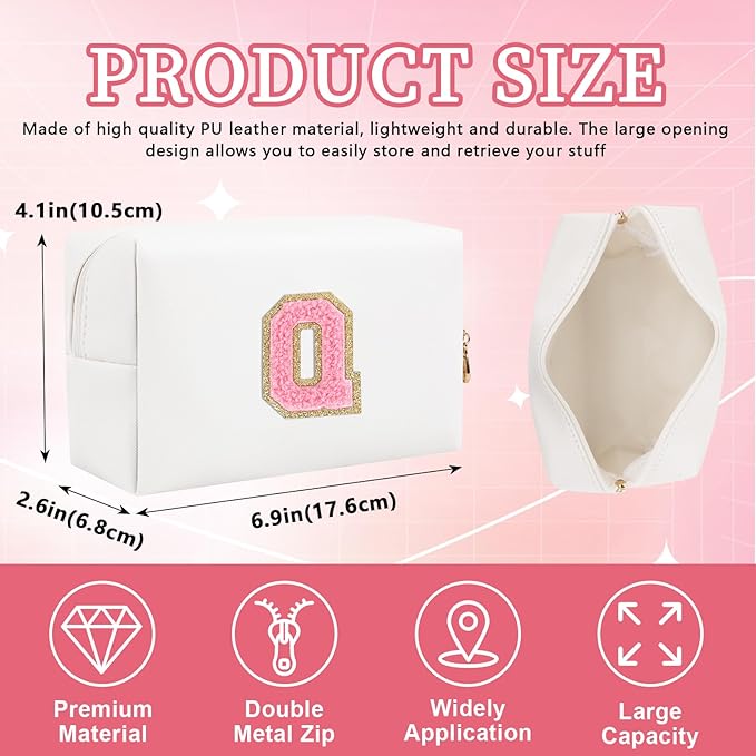 Personalized Initial Letter Patch Makeup Bag, Preppy Portable Chenille Cosmetic Bag with Zipper, PU Leather Waterproof Travel Toiletry Bag Monogram Make Up Pouch for Women Girls