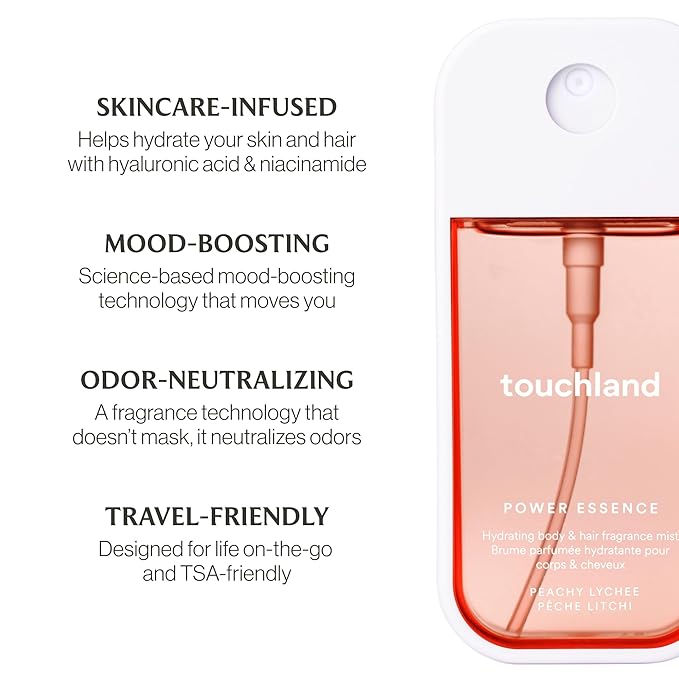 Touchland Hydrating Body & Hair Fragrance Mist, Peachy Lychee, 2 FL. OZ. Travel Size Body Spray
