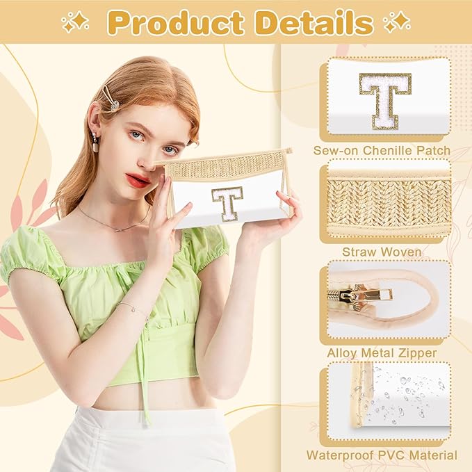 Personalized Initial Letter Bag Boho Straw Clear Makeup Bag,Small Cute Chenille Varsity Letter Bag With Zipper,Beach Travel Toiletry Bag,Portable Monogrammed Cosmetic Bag for Women Girls,T