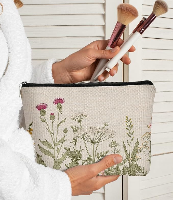 Vintage Cottagecore Summer Aesthetic Botanical Herbs Wildflowers Makeup Bag,Floral Cosmetic Bag Best Gift Idea for Flower Lovers Girls Women,Zipper Travel Toiletry Bag Mother's Day Gifts for Mom