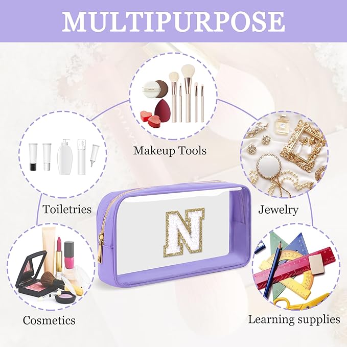 Small Clear Personalized Initial Makeup Bag,Nylon Preppy A-Z Chenille Letter Patch Cosmetic Pouch Beach Toiletry Bag,Waterproof Zip Travel Purse Storage Bag Organizer for Women Girls(Purple-White N)