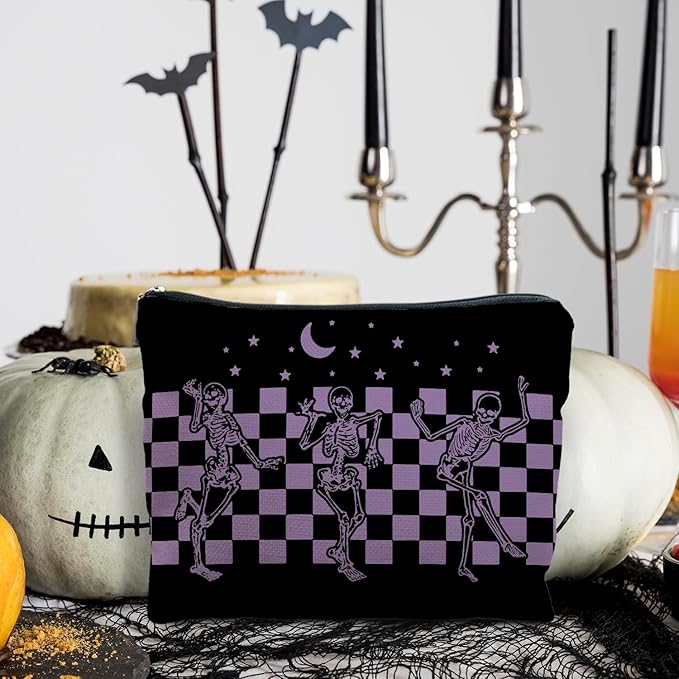 Funny Gothic Skeleton Makeup Pouch, Halloween Gifts for Women, Witchy & Dark Academia Makeup Bag, Horror Accessory (Purple)