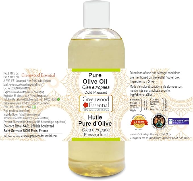 Greenwood Essential Pure Olive Oil (Olea europaea) Cold Pressed 200ml (6.76 oz)