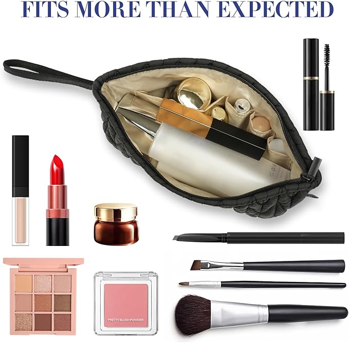 Gloppie Small Makeup Bag for Purse Portable Cosmetic Bag Puffy Padded Makeup Pouch Wristlet Pouch for Women Black