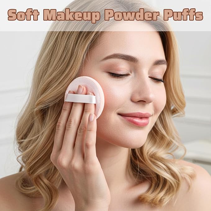 Xindojuz 12 PCS Makeup Powder Puff, 2.36 Inch Washable Cotton Soft Makeup Remover Pads for Face, Mini Round Cushion Foundation Puffs with Ribbon for Loose Setting Pressed Powder (Beige)