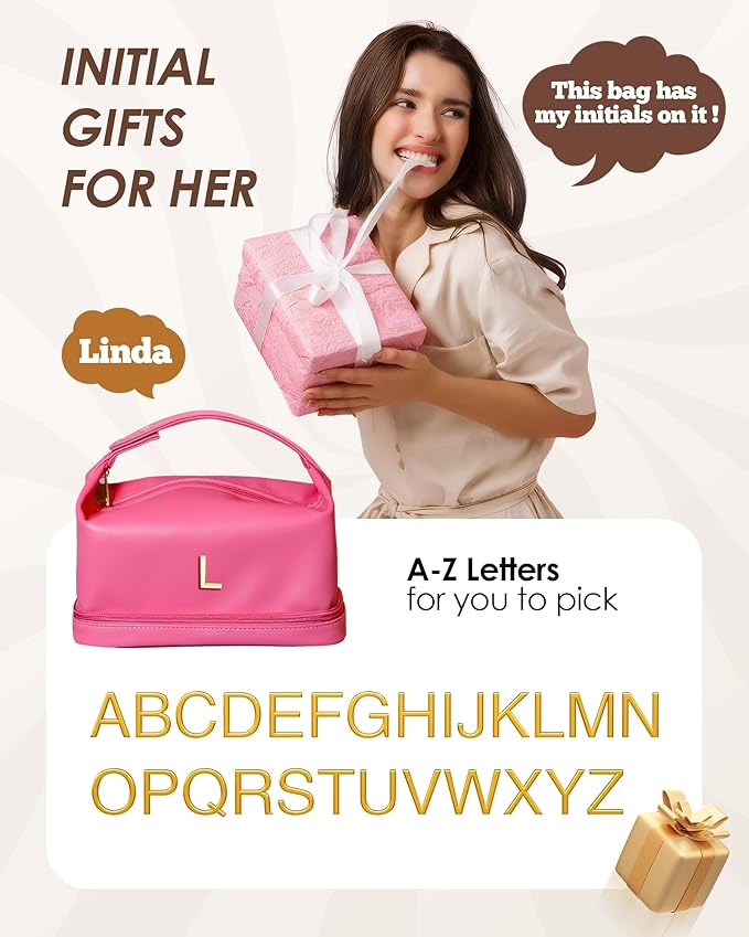 Appreciation Gifts for Her, Personalized Makeup Bag with Handle, Initial Double Layer Cosmetic Bag with Makeup Brush Organizer, Cute Cosmetic Pouch for Women, Gift Ideas for Teen Girls