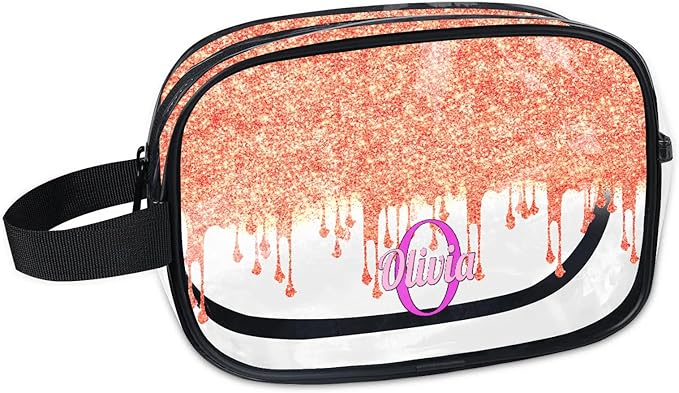 Custom Name Makeup Bag Travel Bag, Clear Toiletry Bag Travel Large Capacity Cosmetic Container Organizer for Shampoo, Glittering Orange Curtain Bling