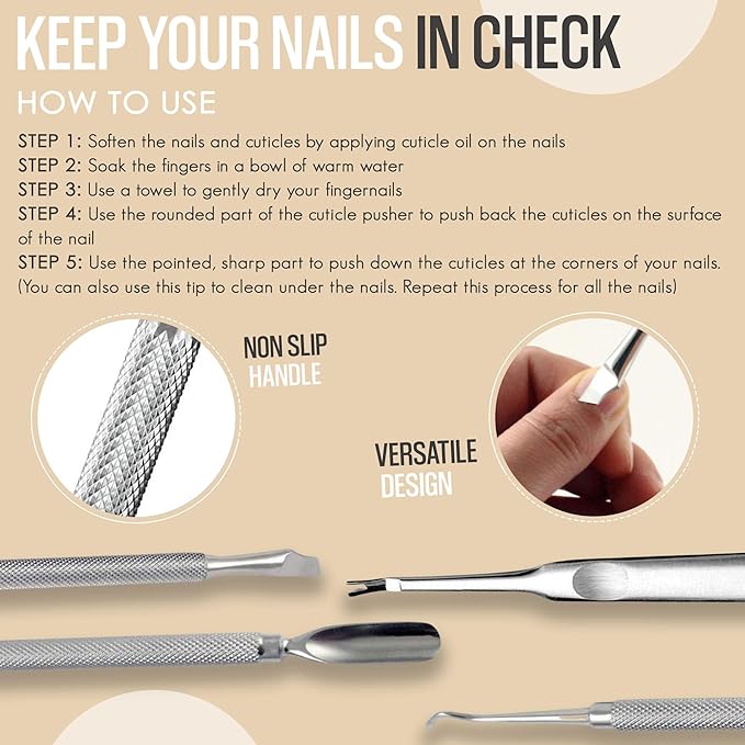 Cuticle Pusher Tools - Professional Nail Cuticle Pusher Cuticle Remover Cuticle Trimmer Ingrown Toenail Lifter Nail Cleaner Dual Sided Stainless Steel Manicure Pedicure Women 4 Pack Set Krisp Beauty