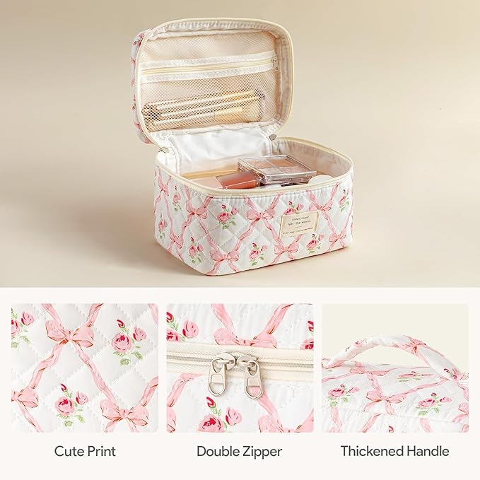 HBselect Quilted Makeup Bag, 3PCS Cotton Large Travel Makeup Bag, Cute Floral Coquette Make up Bag Cosmetic Bag Toiletry Bag for Women Girls