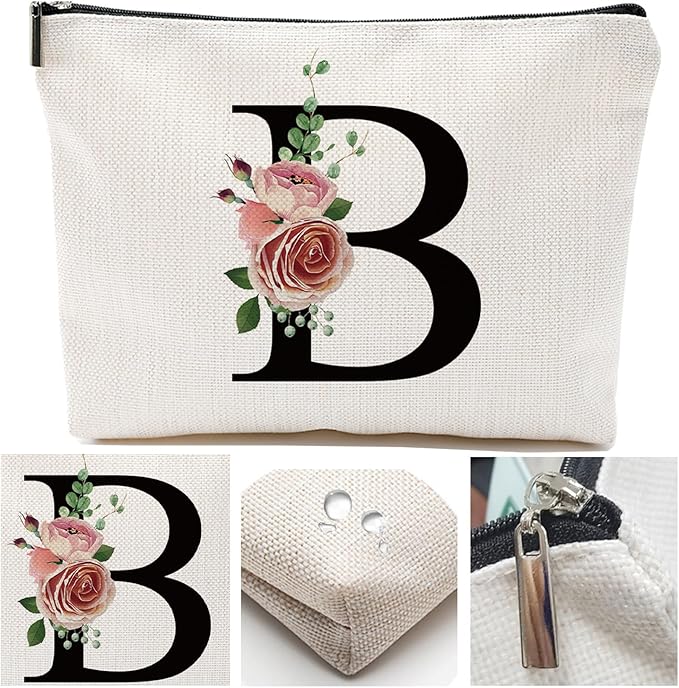 Initial A-Z Personalized Letter Makeup Bag, Monogrammed Bridesmaid Gifts/Presents Cosmetic Bag, Portable Stationery Storage Organizer Pouch, Friendship Love Travel Makeup Bags