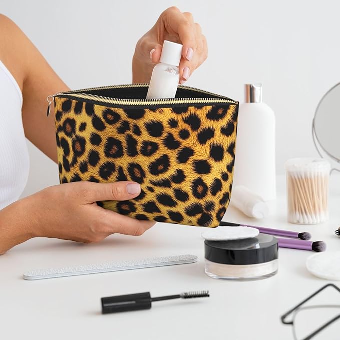 Womens Leather Makeup Bag Cosmetic Bag Travel Toiletry Bags Make Up Bags for Women Adult (Leopard Pattern)