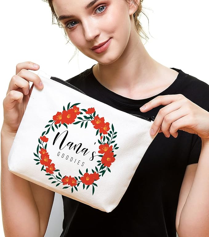 Funny Nana Makeup Zipper Pouch Bag | Floral Nana's Goodies Cosmetic Travel Accessories Bag Make-Up Toiletry Case Pouch Gifts for Mother's Day Christmas Baby Shower