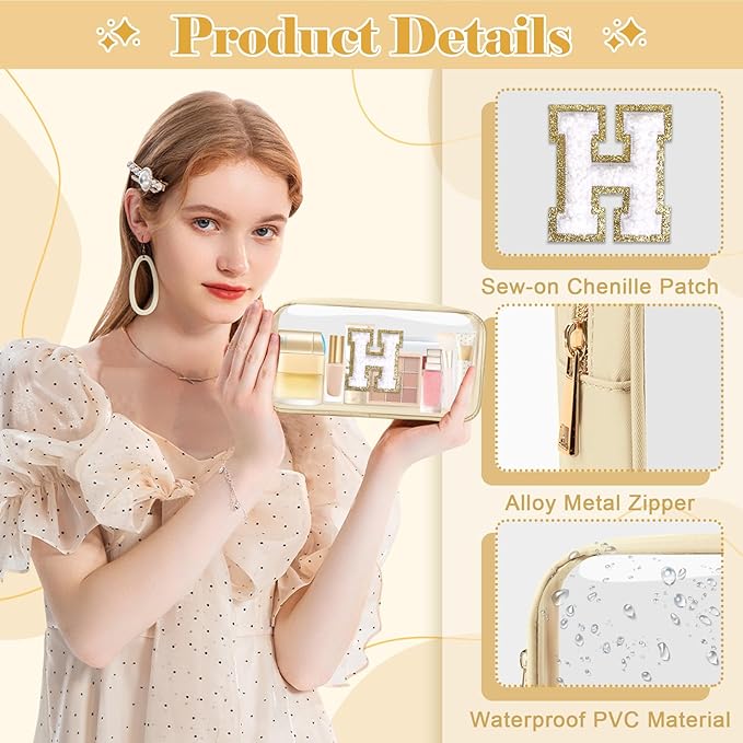 Personalized Initial Letter Clear Makeup Bag,Preppy Small Nylon&PVC Cosmetic Zipper Bag with Chenille Letter,Portable Beach Travel Skincare Toiletry Bag,Trendy Monogram Gift for Teen Girls Women,H