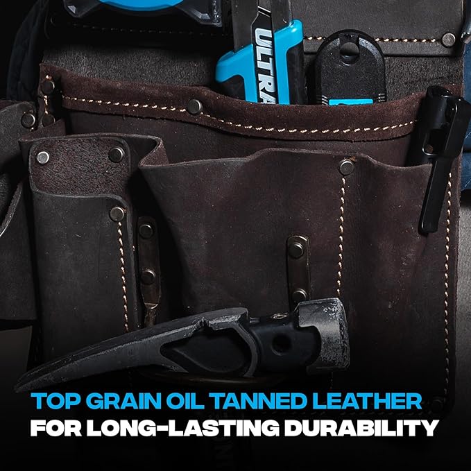 Ox Pro Drywall Tool Belt - 22-Pocket Leather Tool Belt Pouches - Belt (XL) Made of Oil-Tanned Leather with Double-Stitching and Steel Rivets - OX-P263806