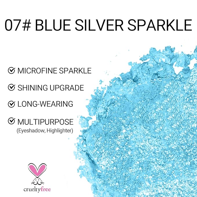 Erinde Glitter Shimmer Sparkle Eyeshadow Palette, Blue Glitter Sparkle Eye Shadow Makeup, Single Monochrome Long-Lasting Eye Makeup, Smooth Formula, Vegan & Cruelty-Free, C07 Blue Silver Sparkle