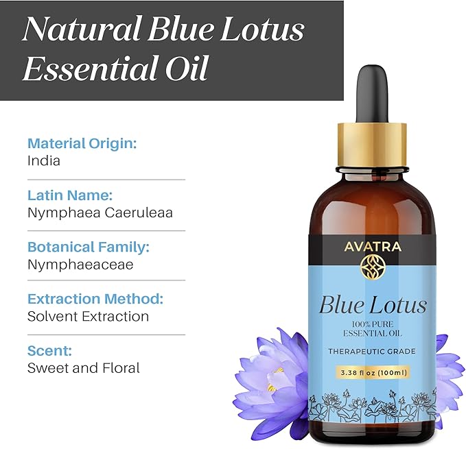 Avatra Blue Lotus Essential Oil for Diffuser, Skin & Candles | Natural & Undiluted Essential Oil | Aromatherapy, Soaps, Candles | Therapeutic Grade Essential Oil- 3.38 Fl Oz