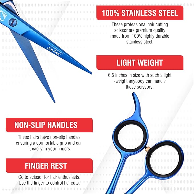 Jimy 6.5" Hair Scissors Professional – Ultra Sharp Razor Edge Stainless-Steel Scissors to Cut Hair – Ergonomic Design Salon Quality Hair Shears for Men, Women & Barbers