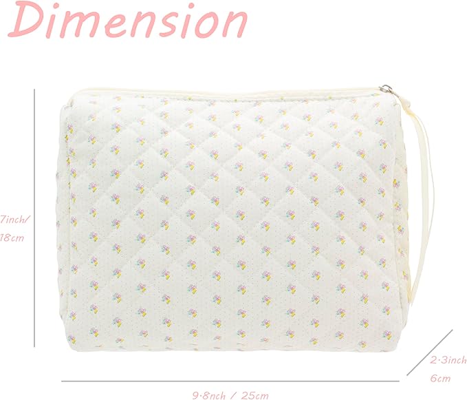PAZIMIIK Quilted Makeup Bag Large Travel Zipper Soft Cosmetic Pouch for Women Girls Make Up,Little Flower White