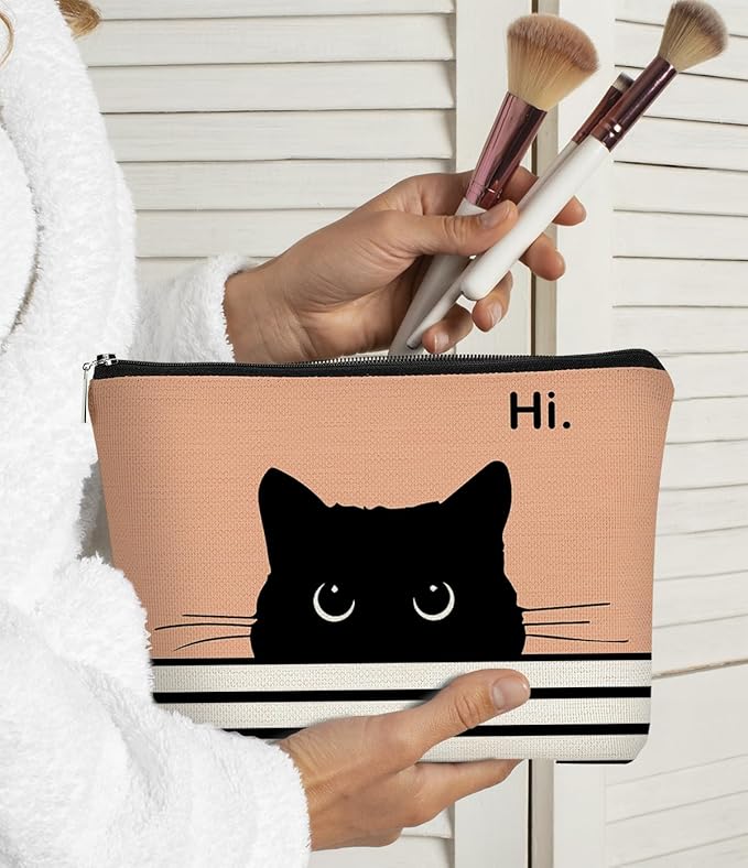 Cute Cat Cosmetic Bag, Black Kitty Gifts for Cat Lovers, Makeup Pouch for Women (Peach-1)