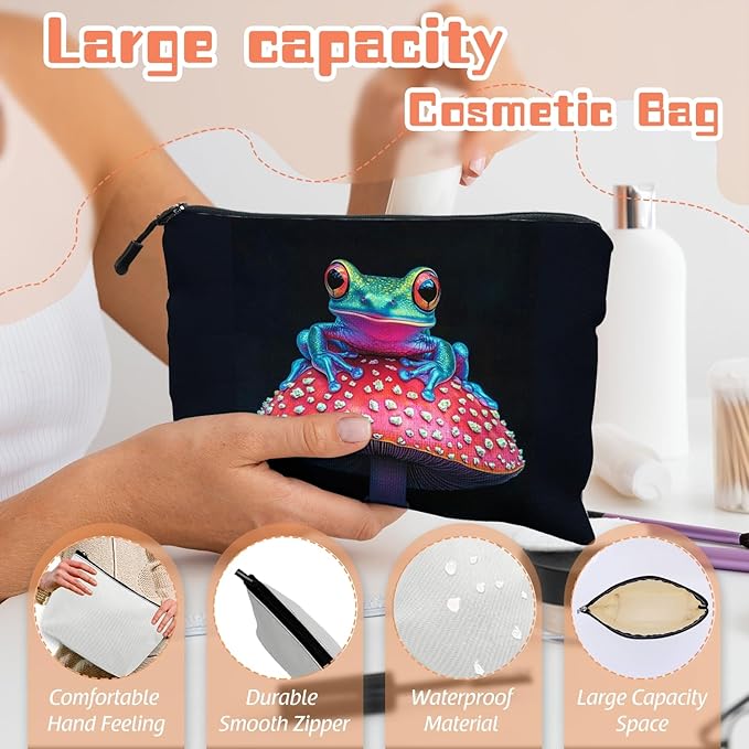 Cosmetic Bags Travel Makeup Toilet Case Waterproof Pouch for Women Girls 6.7X9.45inches - Colorful Frog on A Red Mushroom