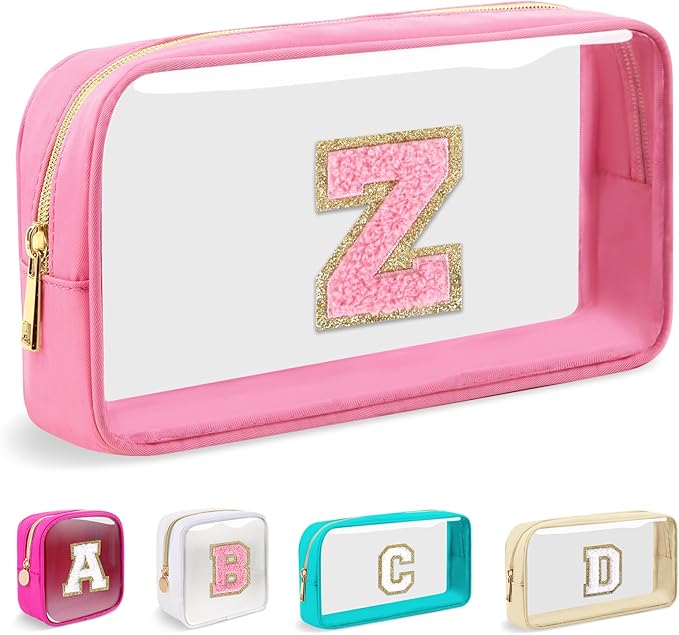 Small Clear Personalized Initial Makeup Bag, Preppy A-Z Chenille Letter Patch Cosmetic Bag, Cute Transparent Nylon Waterproof Zipper Beach Varsity Letter Pouch, Gift for Women Girls(Pink-Pink Z)