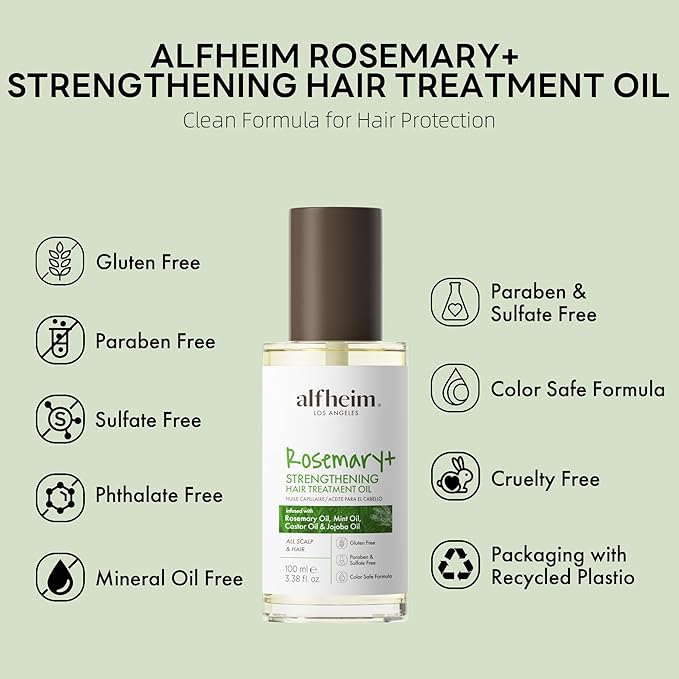 ALFHEIM Rosemary+ Purifying Hair Oil – Lightweight Smoothing & Balancing Treatment for Oily & Fine Hair with Rosemary, Peppermint & Jojoba Oils – Anti-Frizz, Shine & Scalp Nourishment – 3.38 oz
