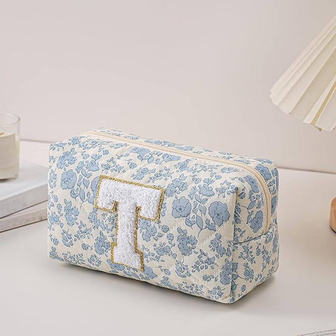 JOVAKIT Alphabet Makeup Bag Cosmetic Bag for Women, Christmas Gifts for Girls Age 6-18, Floral Flowers Coquette Travel Toiletry Zipper Make Up Pouch Organizer Trendy Stuff (2Pcs Blue Floral T)
