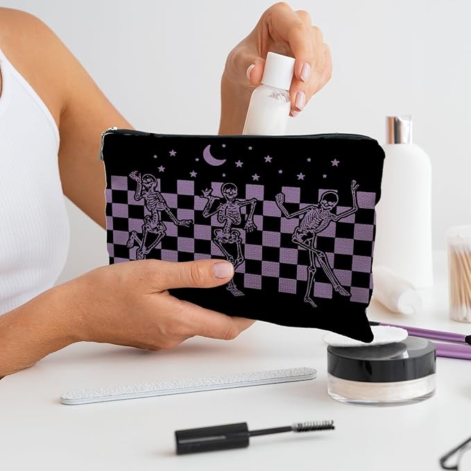 Funny Gothic Skeleton Makeup Pouch, Halloween Gifts for Women, Witchy & Dark Academia Makeup Bag, Horror Accessory (Purple)