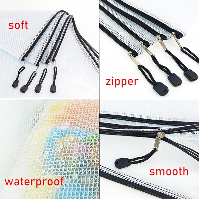 AUSTARK 10 Pcs Zipper File Bags, Waterproof Plastic Mesh Pouch for Office School, Board Game Storage Bags (Multi-Size, White and Black)