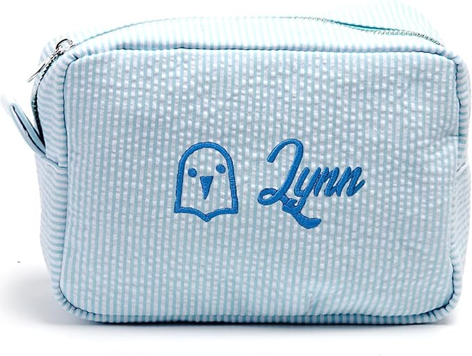 Custom Makeup Bag Personalized Cosmetic Bag Cute Seersucker Travel Toiletry Bag for Women Embroidered Bag Organizer for Bride Makeup Bag Gift Turquoise