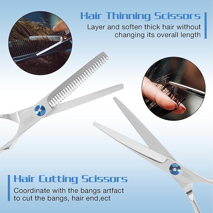 10-Piece Hair Cutting Scissors Kit - Professional Set with Thinning Scissors, Comb, Cape, Clips, Leather Bag for Barber, Salon, Home
