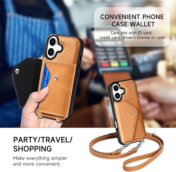 LUCKYCOIN Crossbody Wallet Phone Case for iPhone 17,100% Genuine Leather Wallet Phone Case with Expandable Flip Card Holder,Phone Purse for Women with Adjustable Removable Strap - Brown