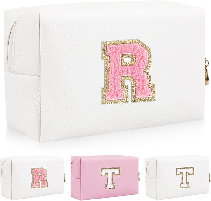 Iqimott Personalized Initial Letter Patch Makeup Bag, Preppy Portable Chenille Letter Cosmetic Bag with Zipper, PU Leather Waterproof Travel Toiletry Bag Monogram Make Up Pouch Girls(Letter R)