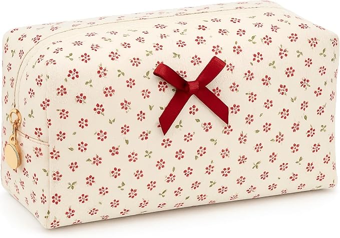 Floral Cotton Makeup Brush Cosmetic Bag for Women, Travel Quilted Zipper Pouch, Large Capacity Flowers Toiletry Organizer, Kawaii Makeup Storage Case, Cosmetic Travel Cloth Bag-Red Floral