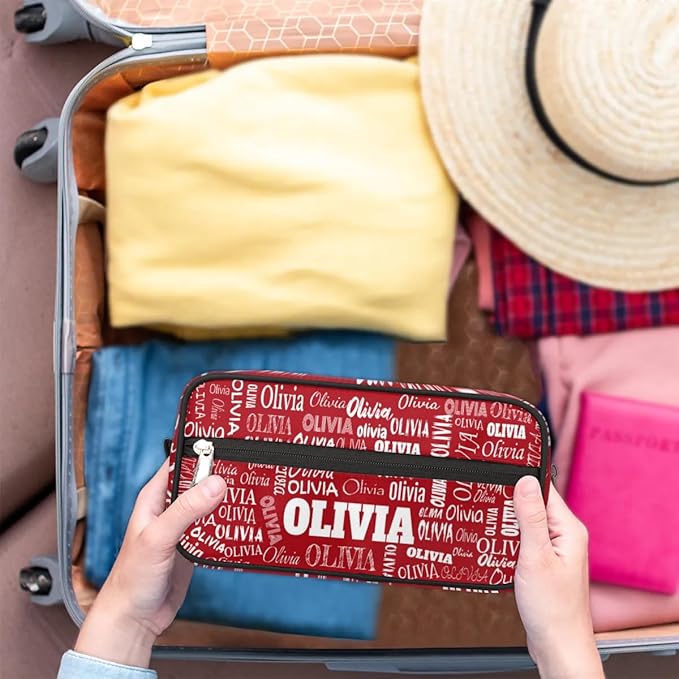 Custom Makeup Toiletry Bag, Personalized Red Travel Cosmetic Organizer Case Portable Bag with Zipper