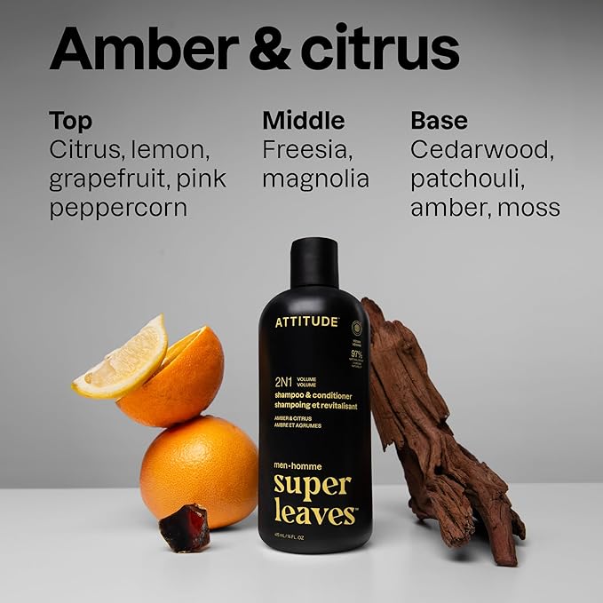 ATTITUDE Men's Shampoo and Conditioner 2-in-1, Volumizing for Thin Hair, With Rosemary and Rice Protein, 97% Natural Origin Ingredients, EWG Verified, Amber & Citrus, 14 Fl Oz