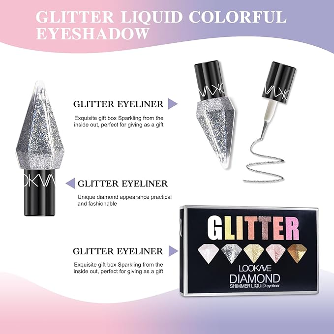 5 Pcs Liquid Eyeshadow Glitter Eyeliner Diamond Colorful Set with Shimmer and Waterproof Eye Shadow for Gift Eye Glitter Makeup (Type A)