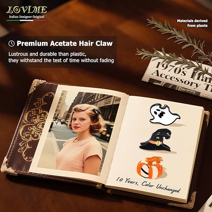 Mini Cute Halloween Acetate Hair Claw Clips for Women- Italian Designed Original Handmade Vintage Halloween Hair Accessories- Pumpkin, Witch Hat, Ghost, Nonslip, Plant-Based, Gift Boxed, 3-Pack