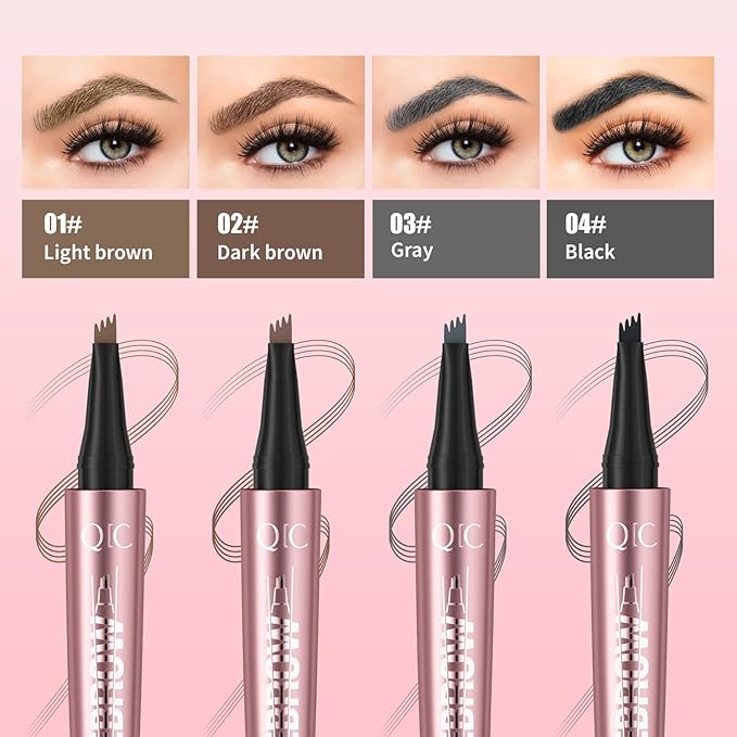 QIC Microblading Eyebrow Pen,Eyebrow Pencils for Women with 4-Fork-Tip, Waterproof Eye Brow Pencil Natural Hair-Like And Long-Lasting (Gray)