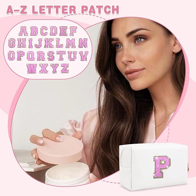 Small Initial Patch Makeup Bag Personalized Gifts Make Up Bag,White Cute PU Leather Glitter Letter Cosmetic Bag with Zipper,Trendy Portable Travel Toiletry Pouch,Preppy Stuff for Teen Girls Women P