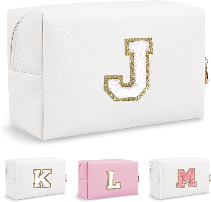 Personalized Preppy Small Travel Makeup Bag, Initial Chenille Letter White Makeup Bag Cosmetic Pouch Toiletry Organizer, Portable Waterproof Makeup Storage Cute Preppy Stuff for Mom Girl(Letter J)
