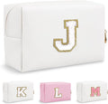 Personalized Preppy Small Travel Makeup Bag, Initial Chenille Letter White Makeup Bag Cosmetic Pouch Toiletry Organizer, Portable Waterproof Makeup Storage Cute Preppy Stuff for Mom Girl(Letter J)