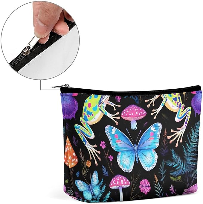 Small Zipper Cosmetic Case, Portable Makeup Case, Toiletry Bag, Travel Cosmetic Toiletry Bag Goth Moon Frogs Moth Butterfly Magical Mushroom Leaves
