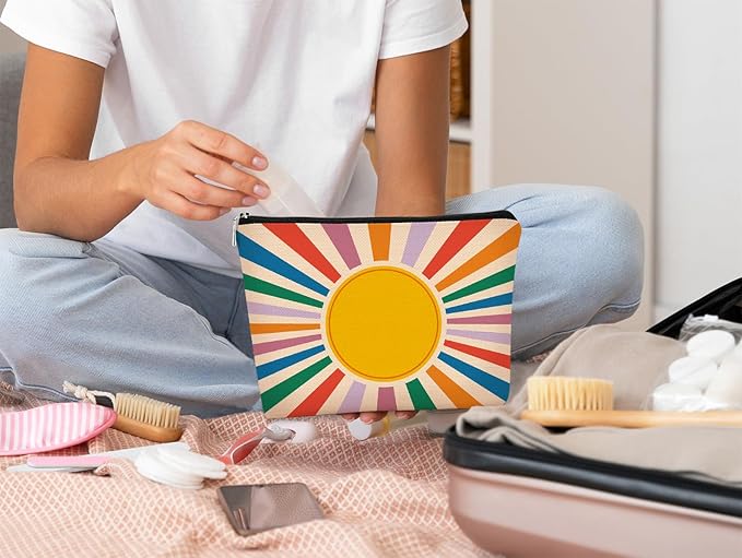 Retro Preppy Makeup Bag,Boho Sun Colorful Sunshine Ray Cosmetic Bag Best Gift for Sister Girls Girlfriend Wife,Daughter Gift from Mom,Birthday Christmas Valentine's Day Gifts