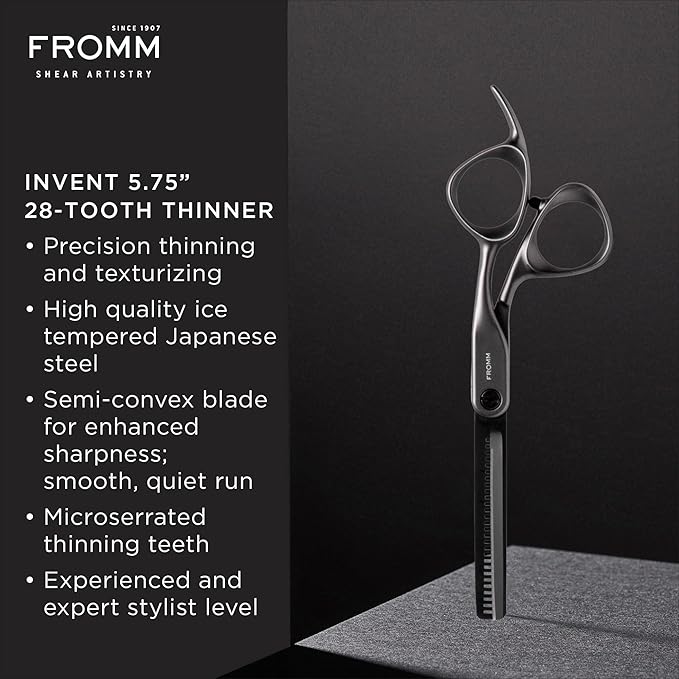Fromm Invent 5.75" 28 Tooth Thinning Shears for Haircutting Wet and Dry Hair, Polished Silver Japanese Steel Scissors with Semi-Convex Blades and Microserrated Thinning Teeth