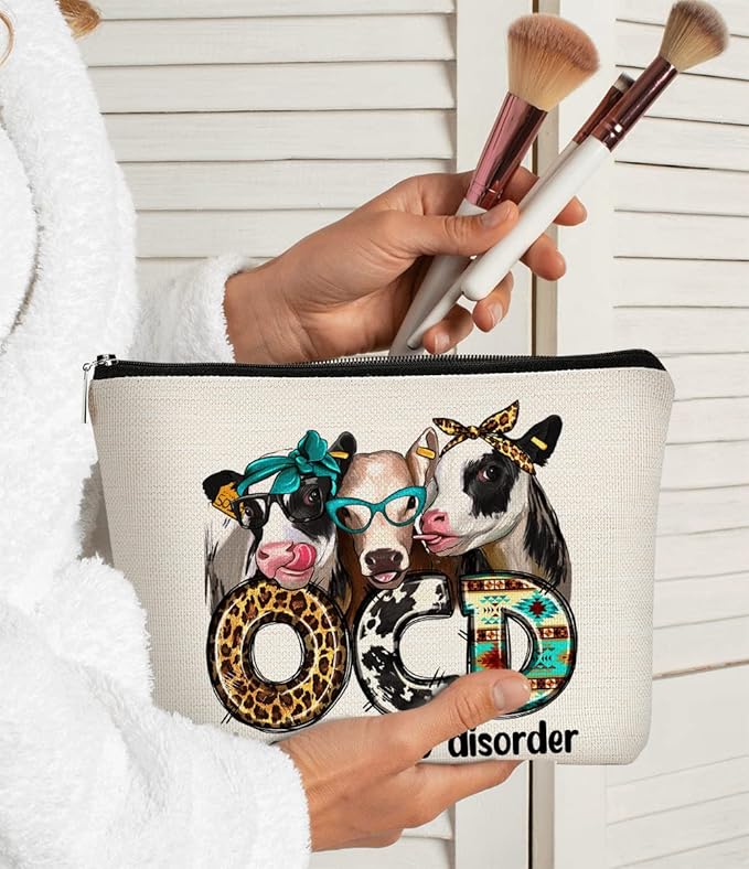 Western Makeup Bag OCD Obsessive Cow Disorder Funny Cows Print Farmhouse Heifers Cosmetic Bag Gifts for Girl Cows Lover, Birthday Gift for Sister Girl Best Friend Daughter Granddaughter